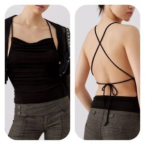NWT UO Out From Under S black Strappy slinky ruched Bodysuit